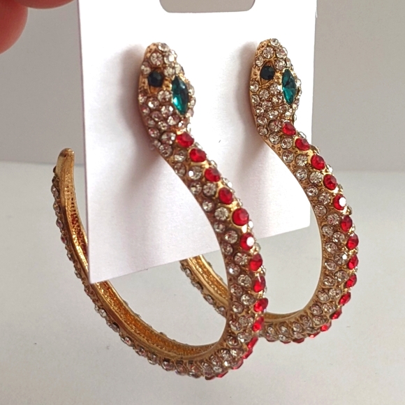 Golden rhinestone snake earrings - Picture 1 of 5